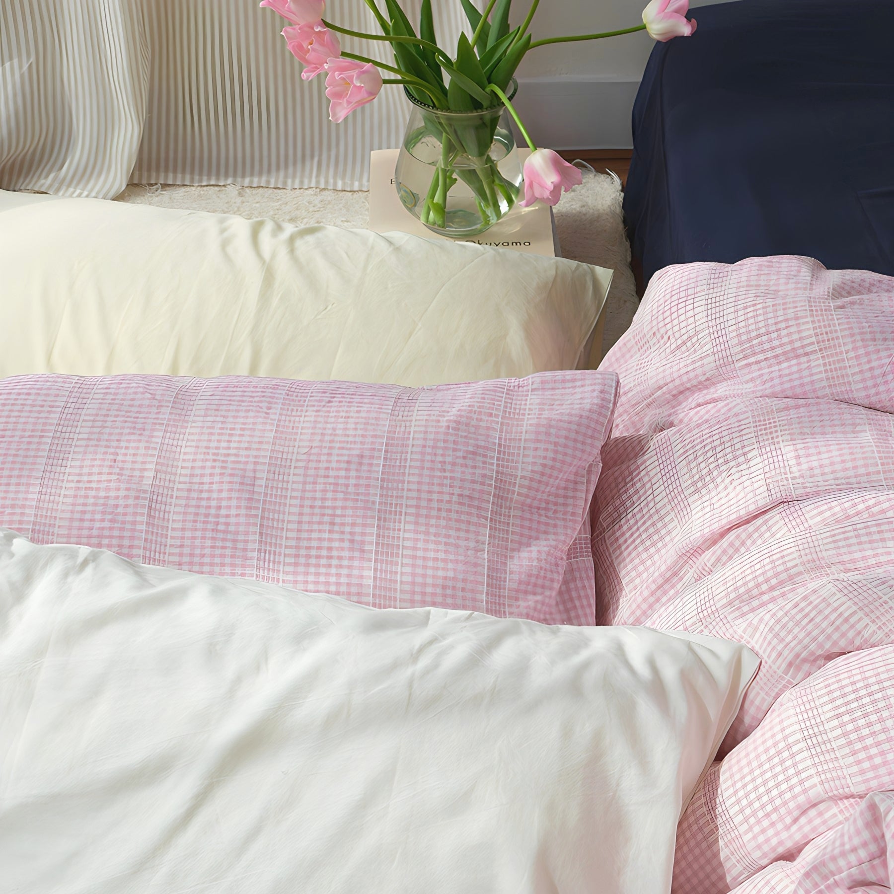 レトロピンクチェックコットン寝具セット