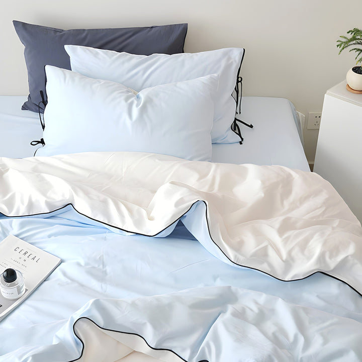 Pure Cotton Color Block Piping Blue Bedding Set
