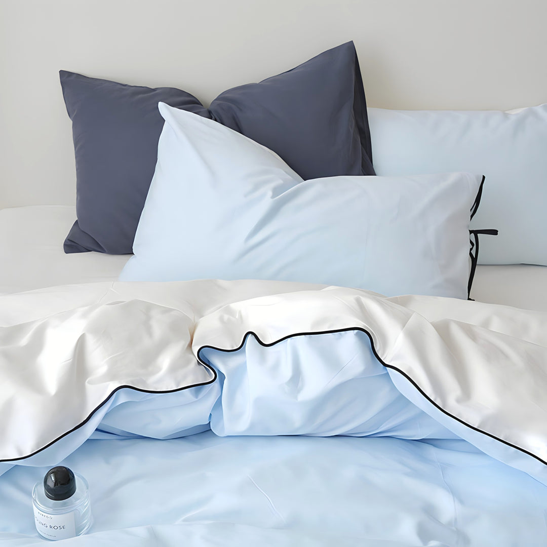 Pure Cotton Color Block Piping Blue Bedding Set