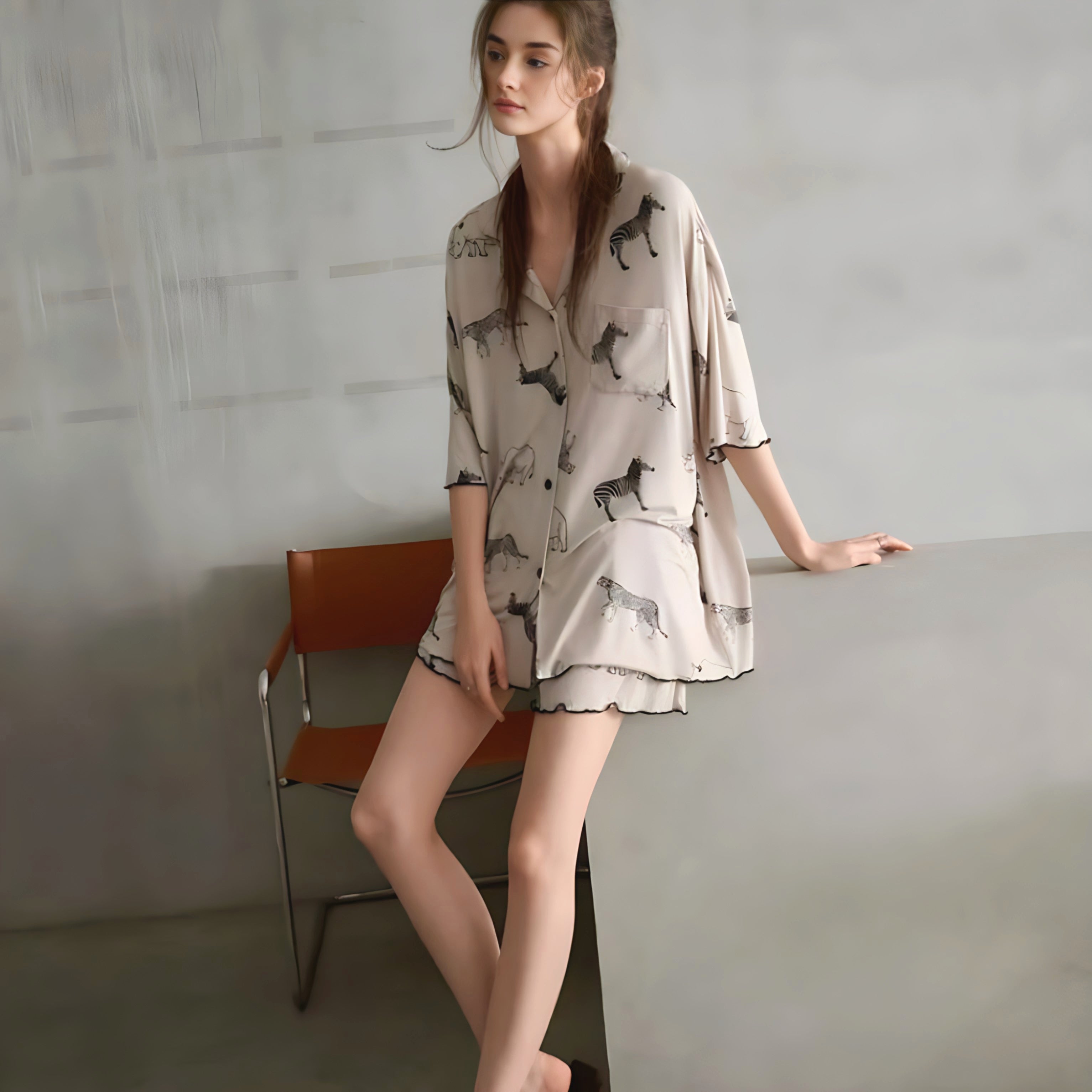 Animal Print Summer Pajamas, Short Sleeve