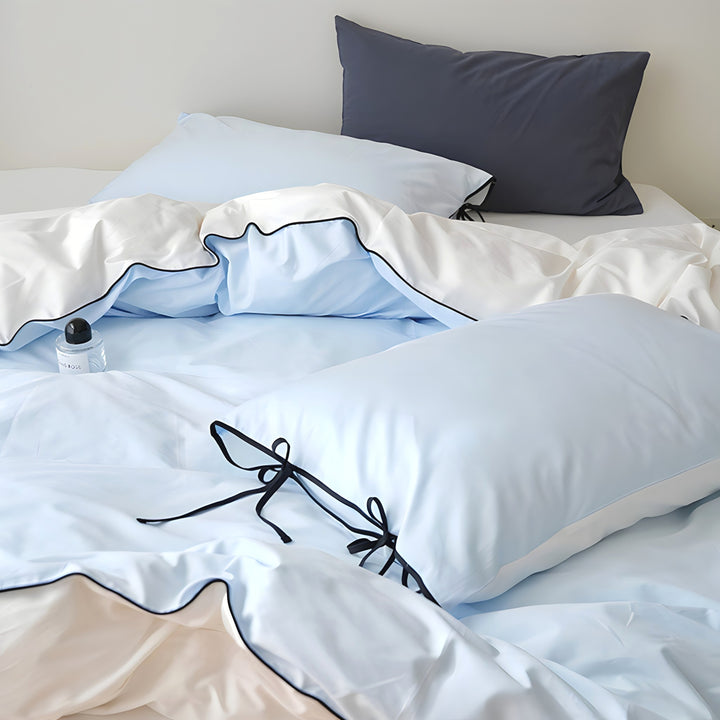 Pure Cotton Color Block Piping Blue Bedding Set