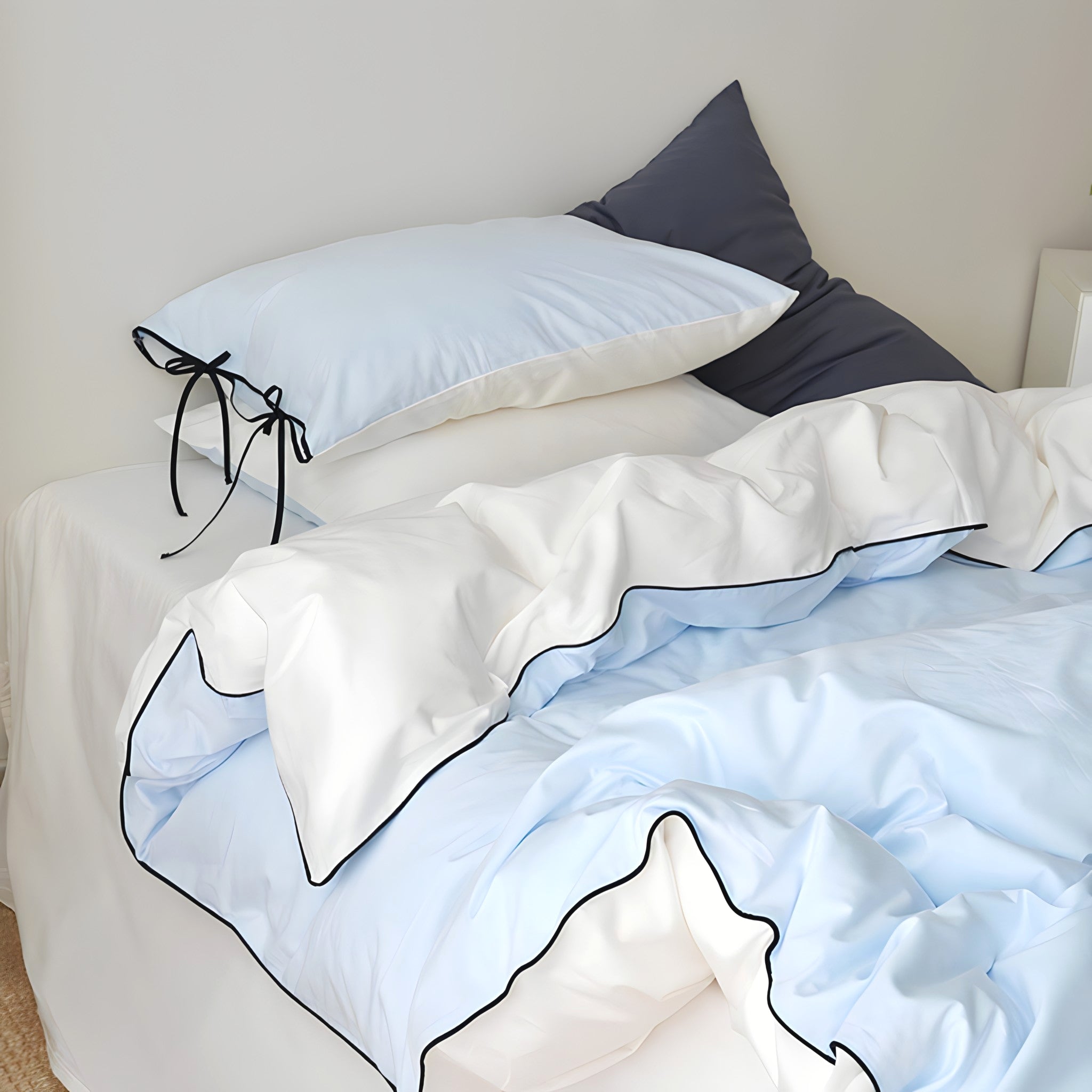 ピュアコットンカラーブロックパイピングブルー寝具セット