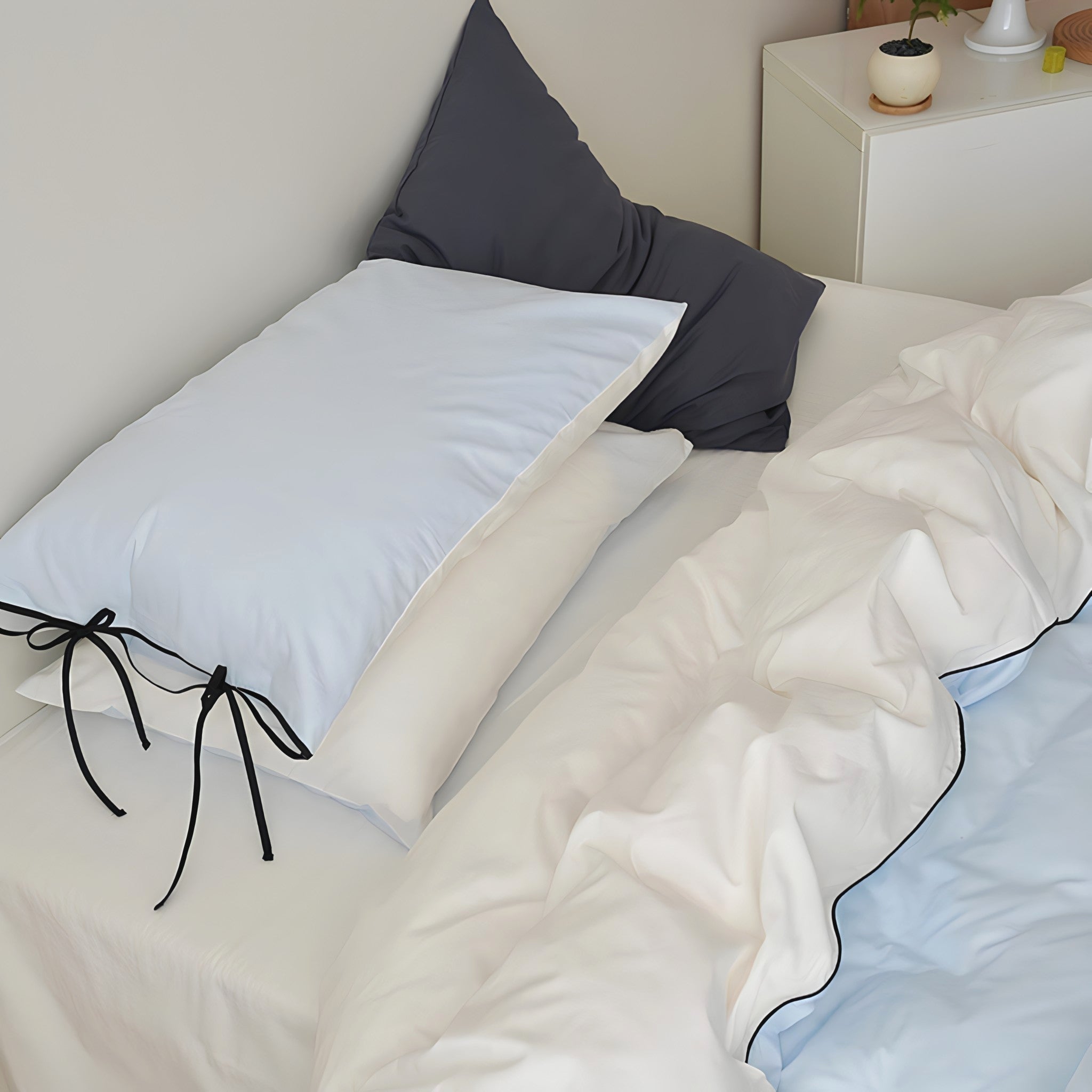 ピュアコットンカラーブロックパイピングブルー寝具セット