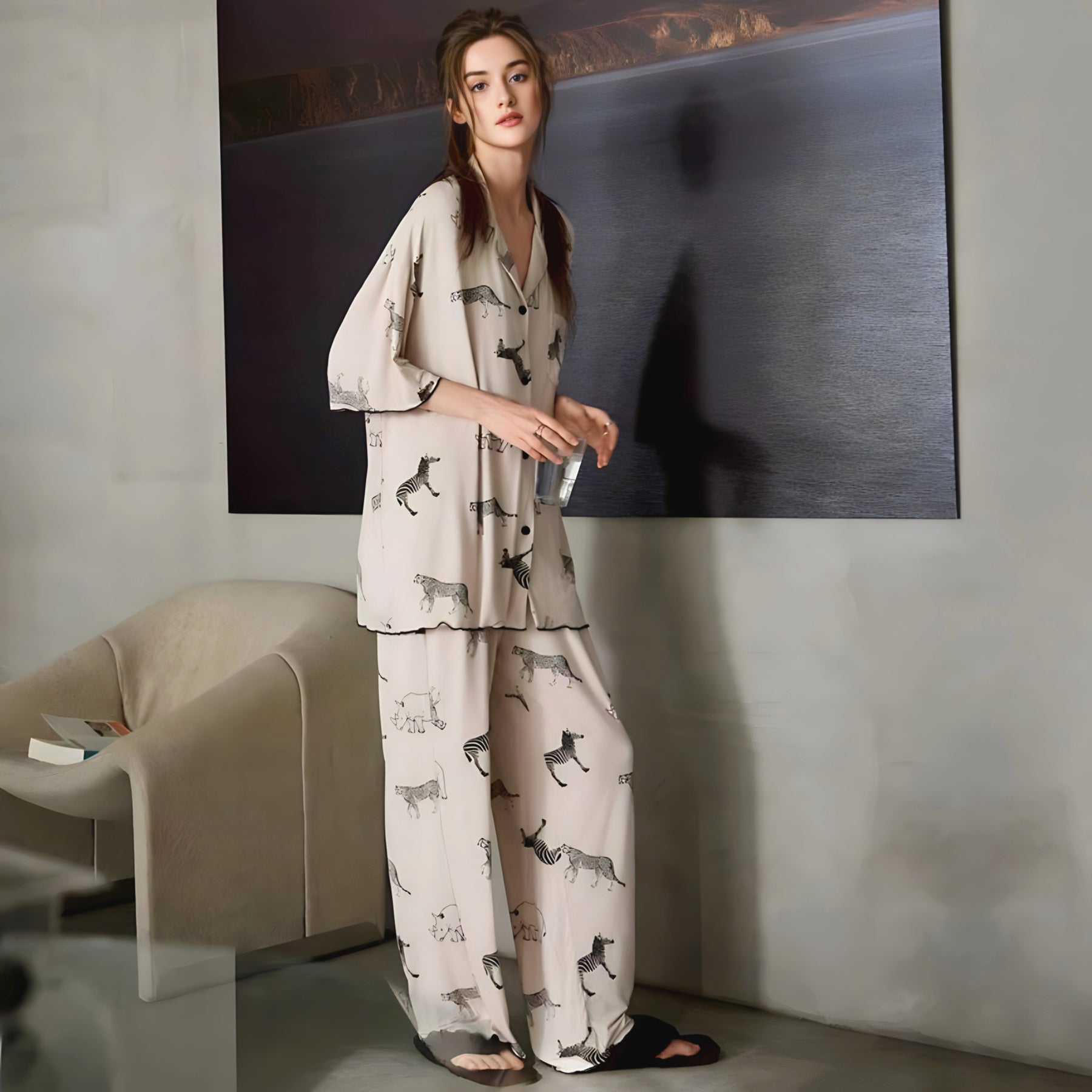 Animal Print Summer Pajamas, Short Sleeve