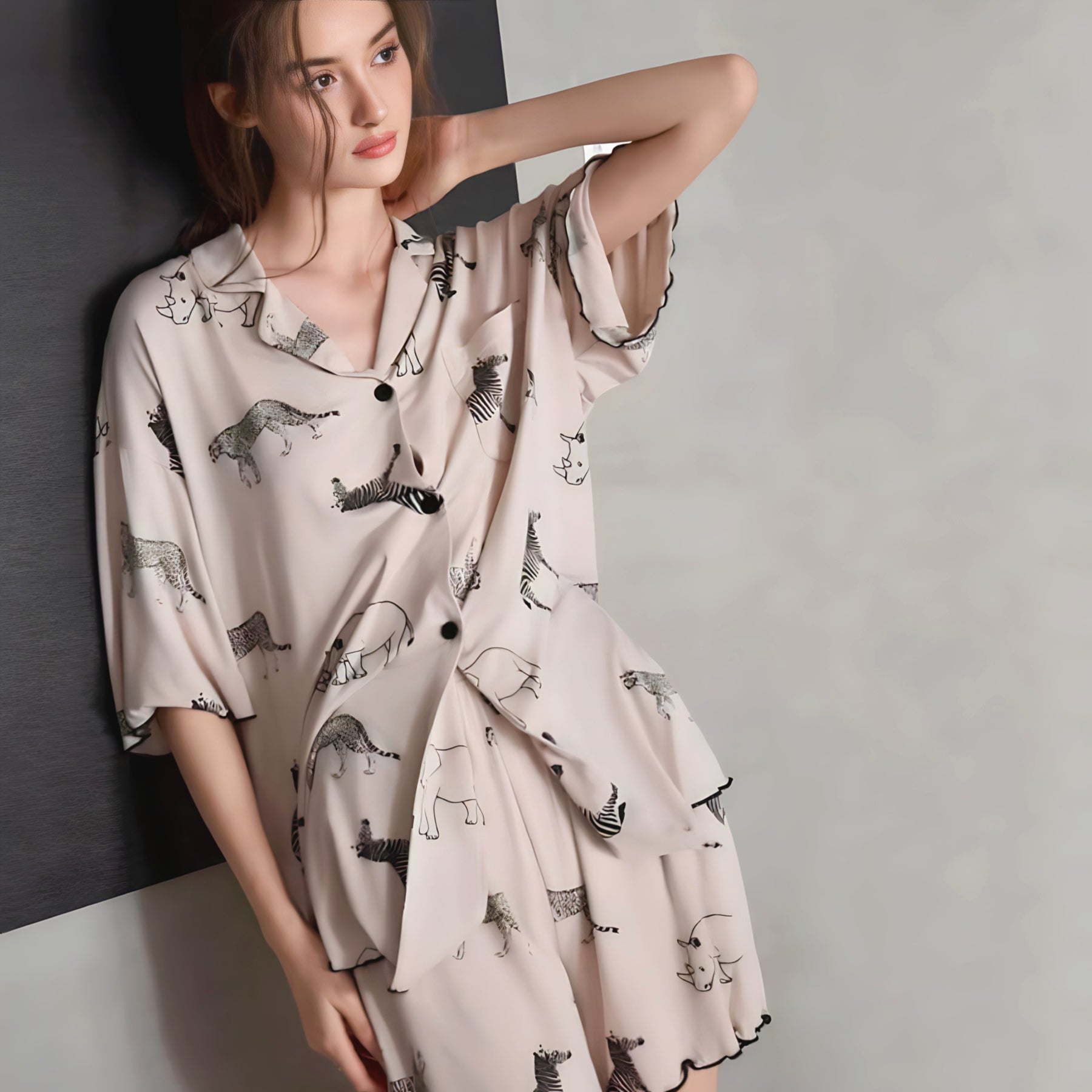 Animal Print Summer Pajamas, Short Sleeve