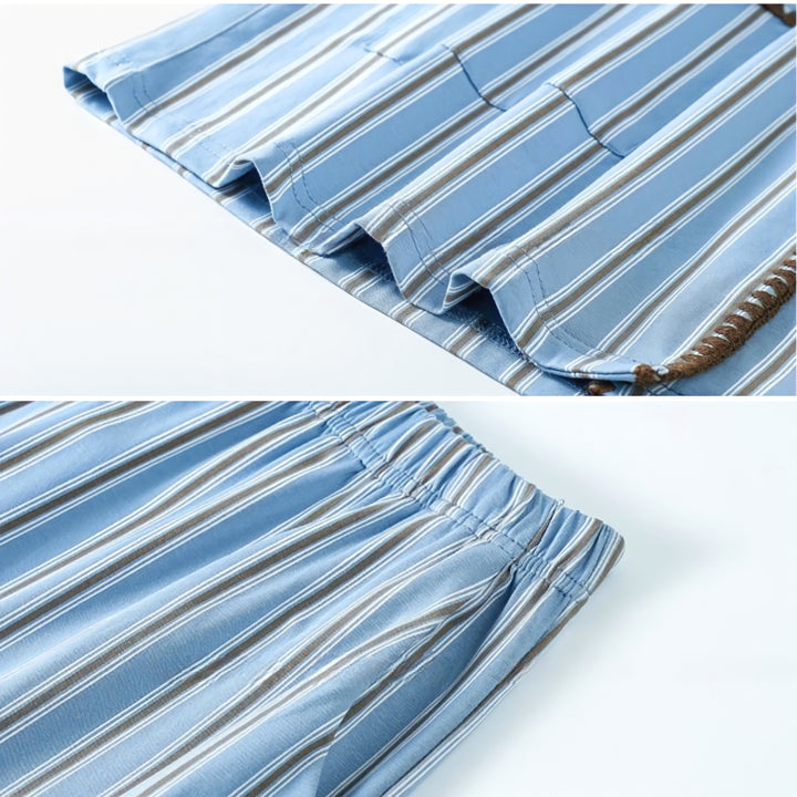 ソフトコットンブルーストライプステッチデザインパジャマ