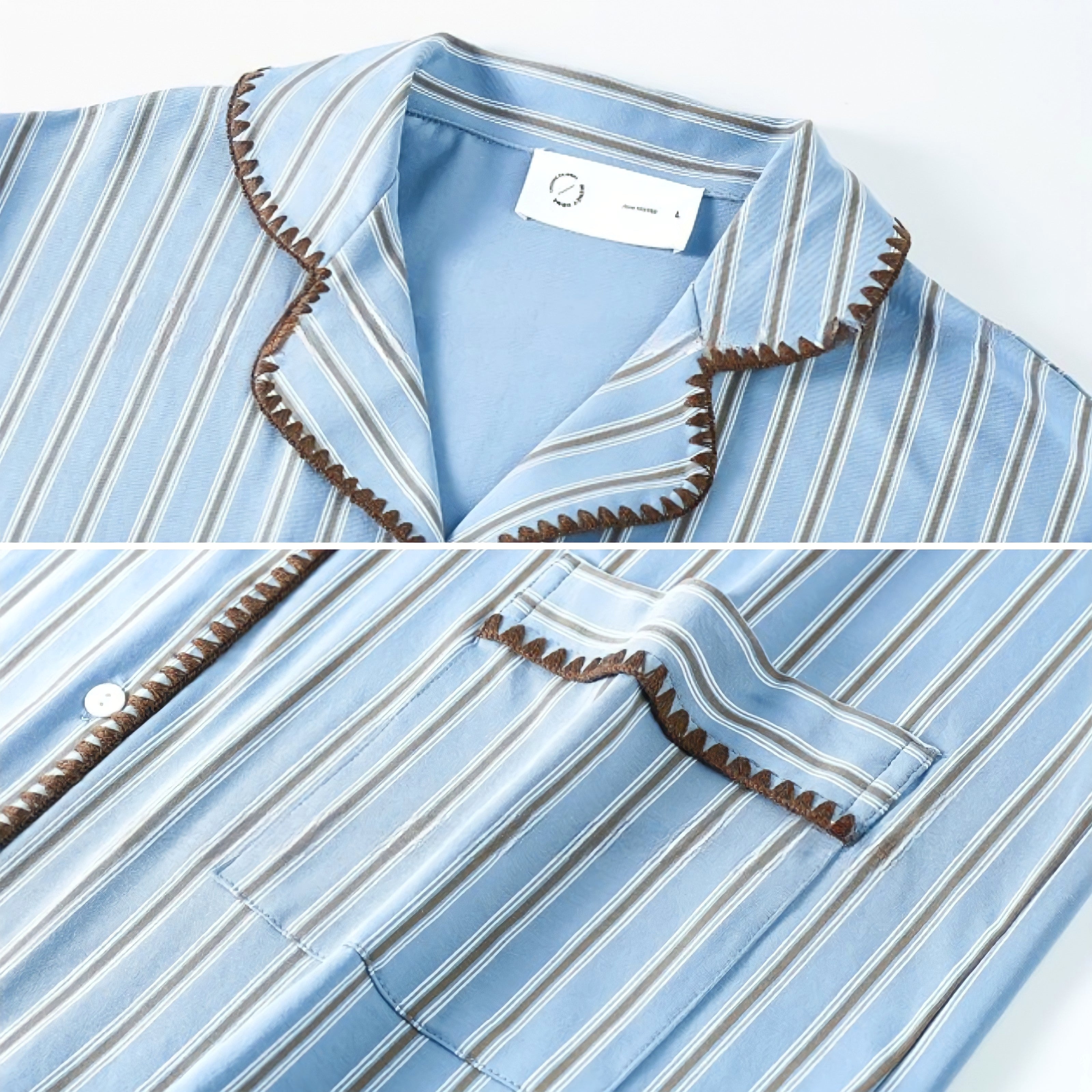 ソフトコットンブルーストライプステッチデザインパジャマ