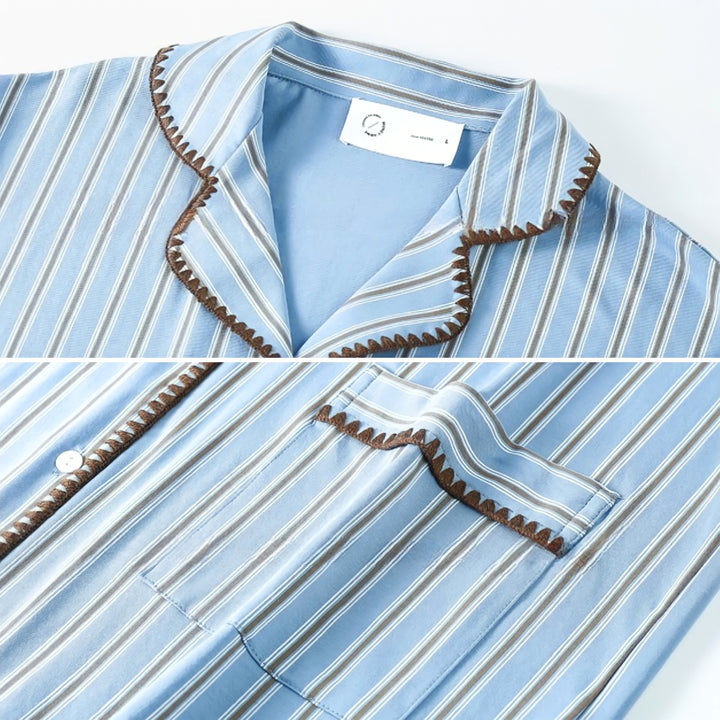 ソフトコットンブルーストライプステッチデザインパジャマ