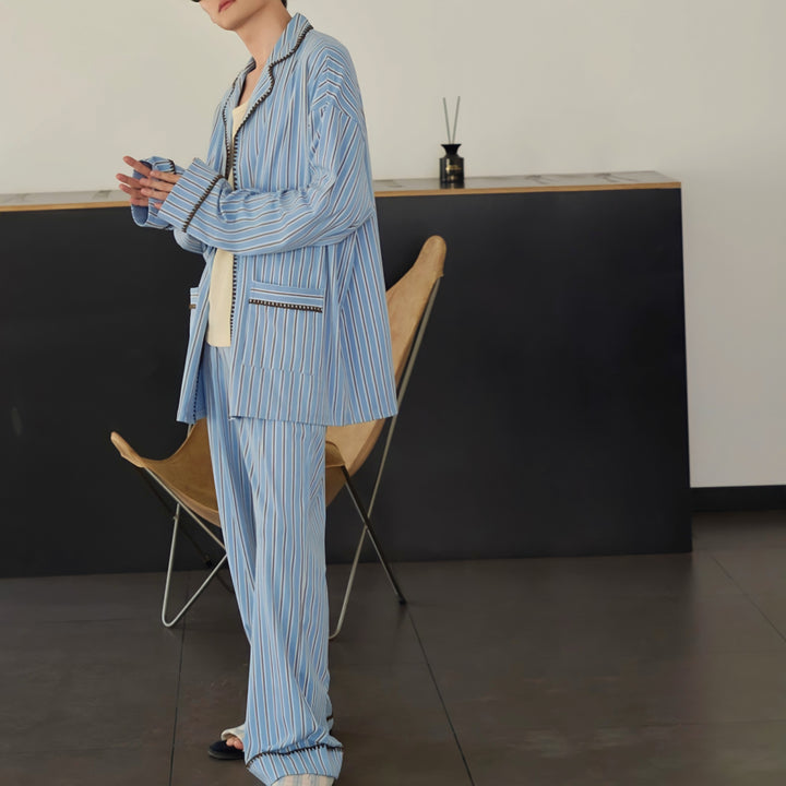 ソフトコットンブルーストライプステッチデザインパジャマ