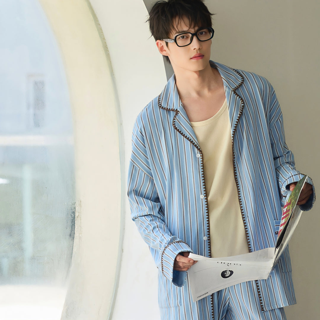 ソフトコットンブルーストライプステッチデザインパジャマ