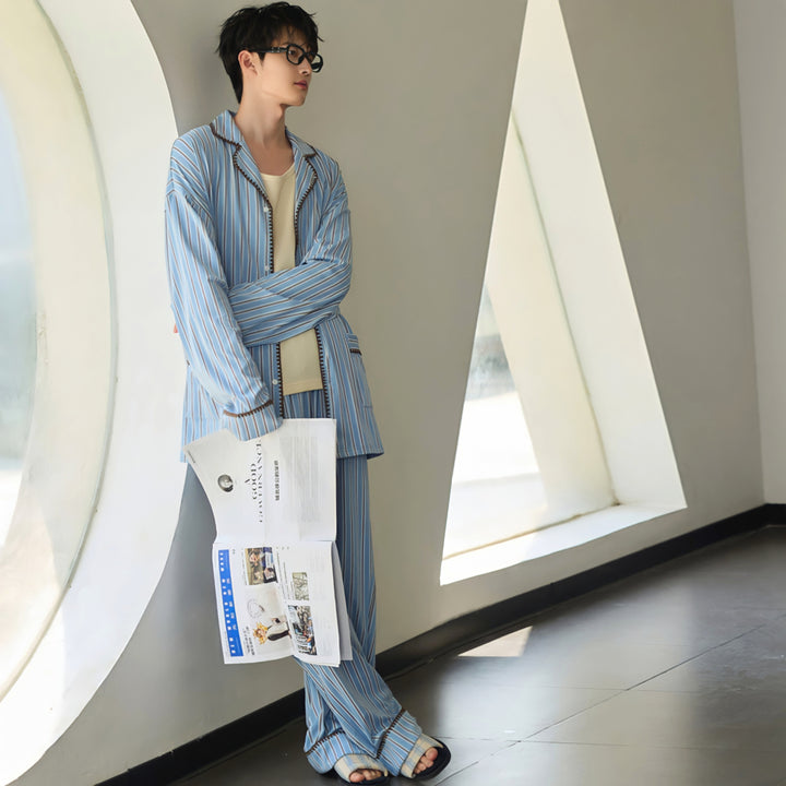 ソフトコットンブルーストライプステッチデザインパジャマ