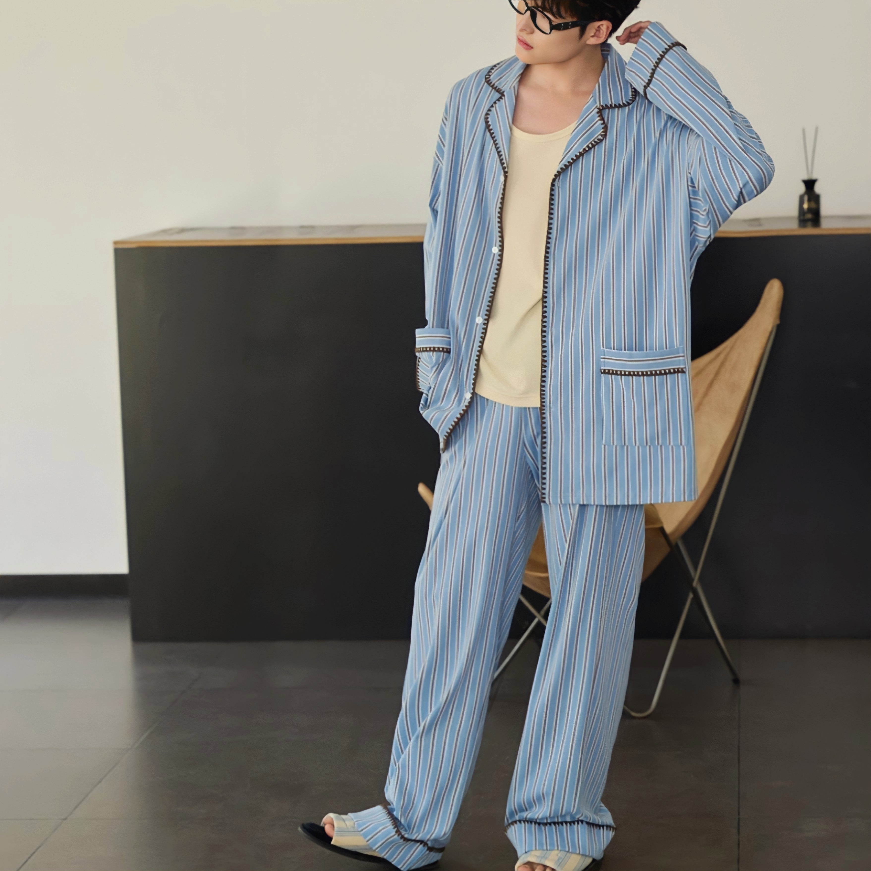 ソフトコットンブルーストライプステッチデザインパジャマ