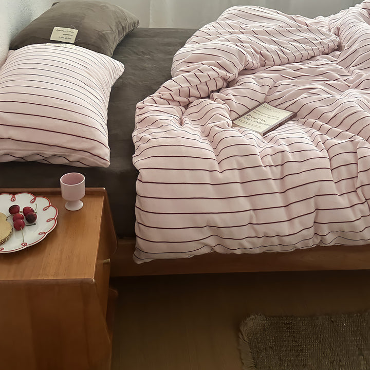 ピンク＆ボルドー フリースストライプ寝具セット