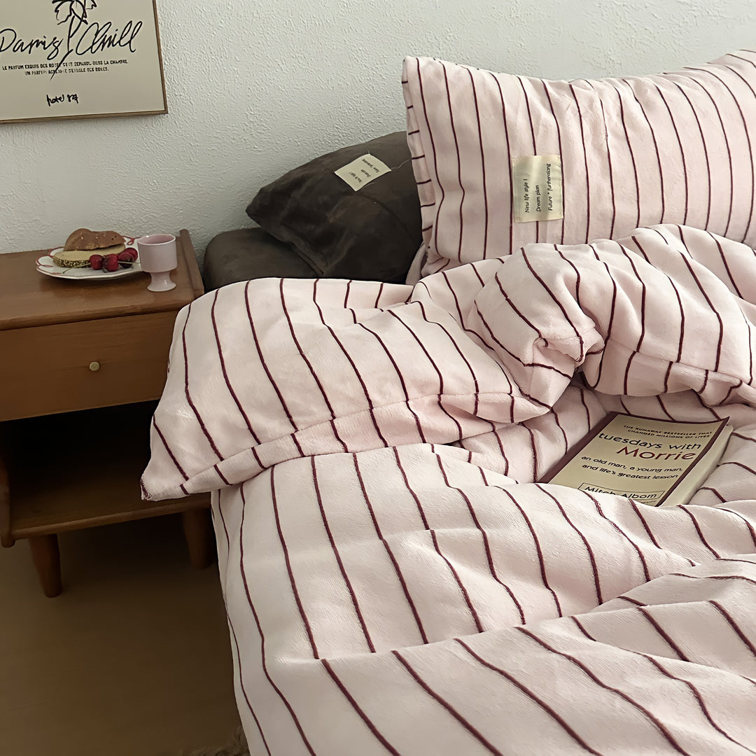 ピンク＆ボルドー フリースストライプ寝具セット
