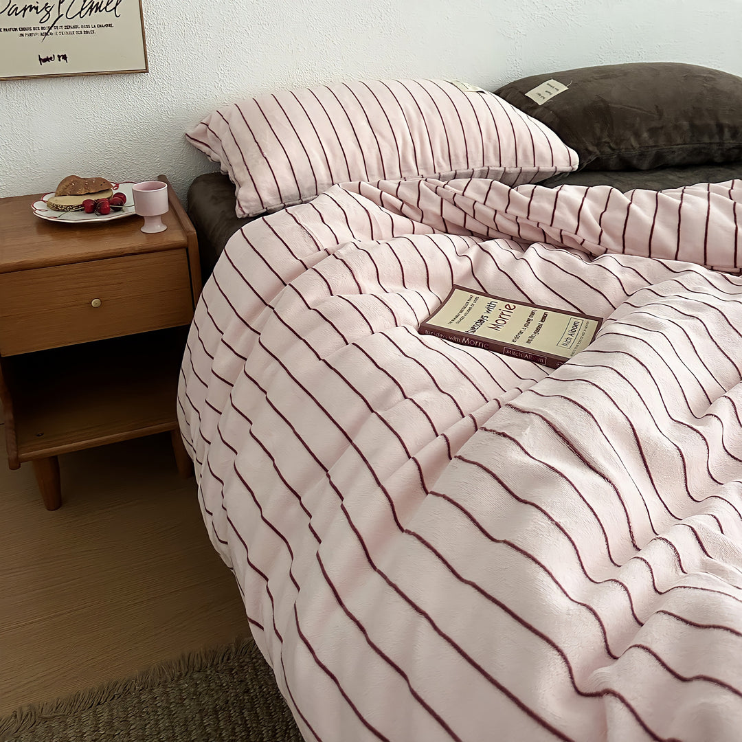 ピンク＆ボルドー フリースストライプ寝具セット