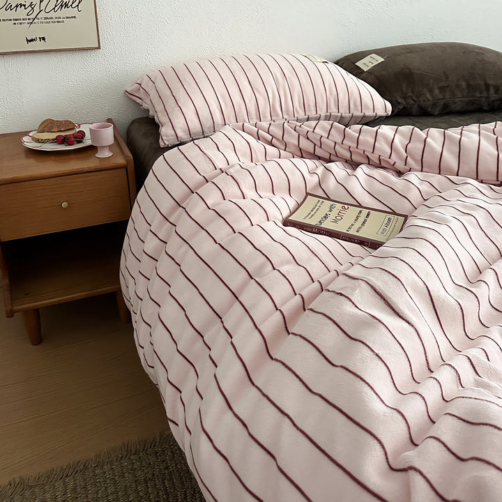 ピンク＆ボルドー フリースストライプ寝具セット