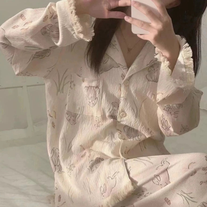 ウサギプリント長袖パジャマ / Rabbit print long sleeve pajamas - kocol