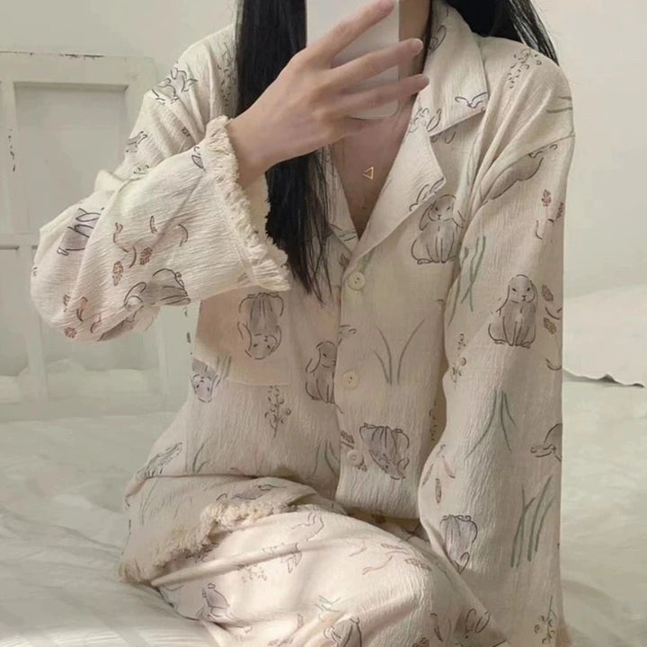 ウサギプリント長袖パジャマ / Rabbit print long sleeve pajamas - kocol